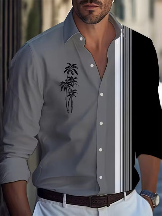 Men's Long Sleeve Shirt Palm Tree And Striped Printed Shirt Everyday Fashion Men's Casual Shirt